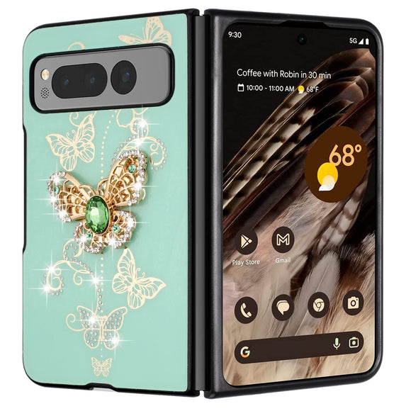 For Samsung Galaxy Z Fold 5 SPLENDID Diamond Glitter Ornaments Engraving Case Cover - Garden Butterflies Teal