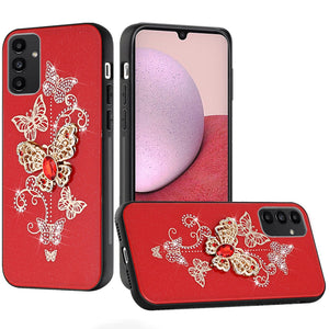 For Samsung A14 5G SPLENDID Diamond Glitter Ornaments Engraving Case Cover - Garden Butterflies Red