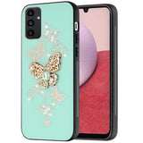 For Samsung A14 5G SPLENDID Diamond Glitter Ornaments Engraving Case Cover - Garden Butterflies Teal