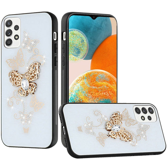For Samsung A23 5G SPLENDID Diamond Glitter Ornaments Engraving Case Cover - Garden Butterflies White