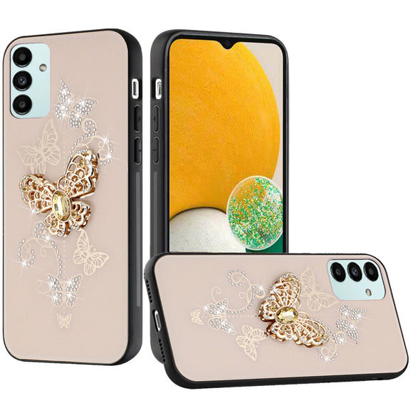 For Samsung A13 5G, A04E, A04s SPLENDID Diamond Glitter Ornaments Engraving Case Cover - Garden Butterflies Gold