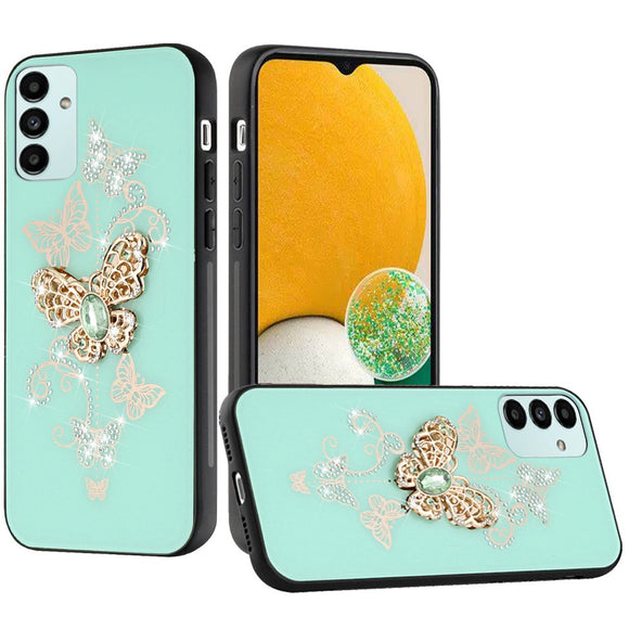 For Samsung A13 5G, A04E, A04s SPLENDID Diamond Glitter Ornaments Engraving Case Cover - Garden Butterflies Teal