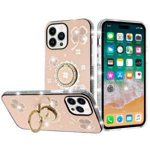 For iPhone 16 Pro 6.3 inch Splendid Glitter with Diamonds All Around Edges Ring Stand Case Cover - Gold