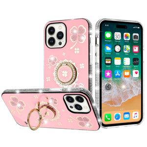 For iPhone 16 Pro 6.3 inch Splendid Glitter with Diamonds All Around Edges Ring Stand Case Cover - Pink