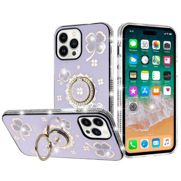 For iPhone 16 Pro 6.3 inch Splendid Glitter with Diamonds All Around Edges Ring Stand Case Cover - Purple