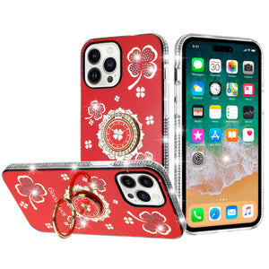 For iPhone 16 Plus 6.7 inch Splendid Glitter with Diamonds All Around Edges Ring Stand Case Cover - Red