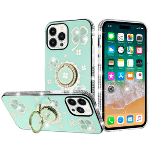 For iPhone 16 Pro 6.3 inch Splendid Glitter with Diamonds All Around Edges Ring Stand Case Cover - Tea