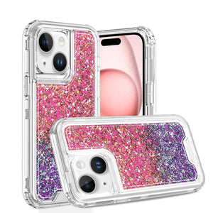 For iPhone 13 / iPhone 14 6.1" Epoxy Sticker Glitter 3in1 Shockproof Transparent Hybrid Case - Hot Pink + Purple