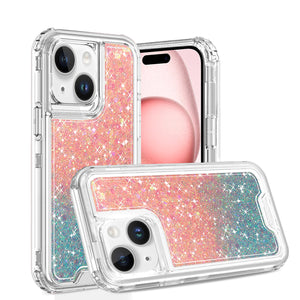 For iPhone 13 / iPhone 14 6.1" Epoxy Sticker Glitter 3in1 Shockproof Transparent Hybrid Case - Pink + Light Blue