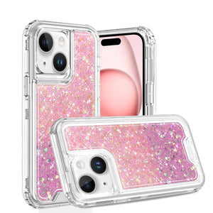 For iPhone 13 / iPhone 14 6.1" Epoxy Sticker Glitter 3in1 Shockproof Transparent Hybrid Case - Pink + Light Purple