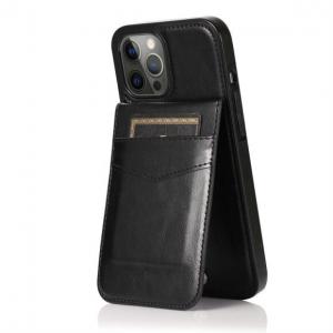 For iPhone 15 Plus Luxury Side Magnetic Button Card ID Holder PU Leather Case Cover - Black