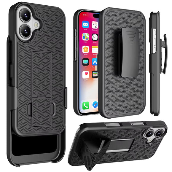 For iPhone 16 6.1 inch Weave Premium 3in1 Combo Holster Kickstand Case Cover - Black