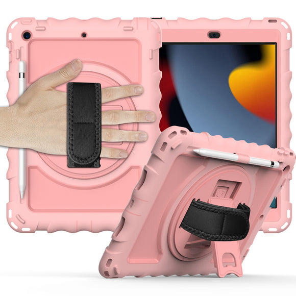 For Apple iPad 9th 8th 7th Gen 10.2 inch Tablet Complete 360 Tough Hybrid Kickstand with Shoulder Hand Strap - Rose Gold