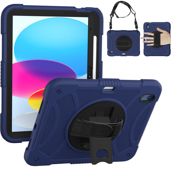 For Apple iPad 10th Gen 2022 3in1 Tablet Hand and Shoulder Strap with Kickstand 3in1 Tough Hybrid - Dark Blue