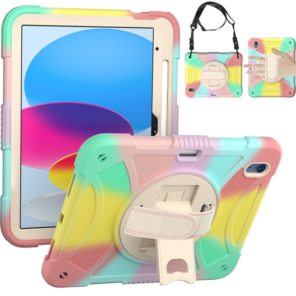 For Apple iPad 10th Gen 2022 3in1 Tablet Hand and Shoulder Strap with Kickstand 3in1 Tough Hybrid - Colorful