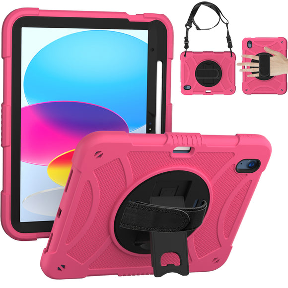 For Apple iPad 10th Gen 2022 3in1 Tablet Hand and Shoulder Strap with Kickstand 3in1 Tough Hybrid - Hot Pink