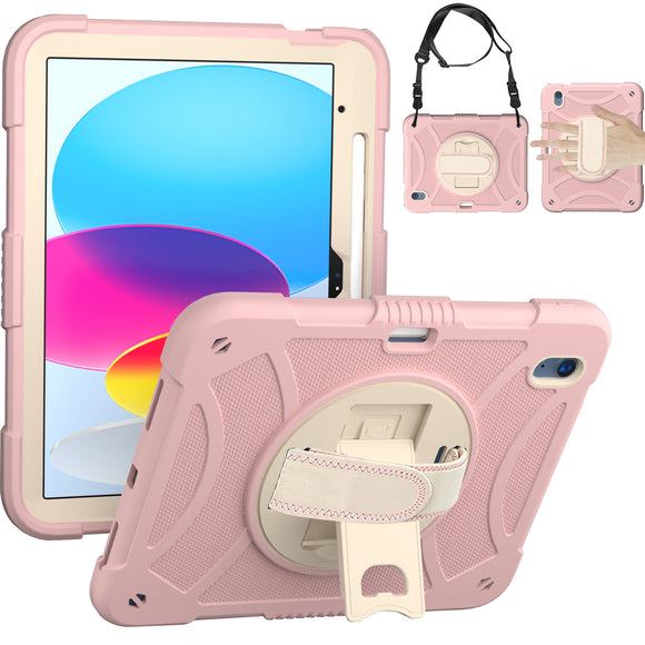 For Apple iPad 10th Gen 2022 3in1 Tablet Hand and Shoulder Strap with Kickstand 3in1 Tough Hybrid - Rose Gold