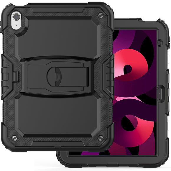 For Apple iPad 10th Gen 2022 Heavy Duty Full Body Rugged Tablet Kickstand Case Cover - Black/Black