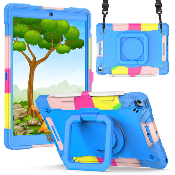 For Apple iPad 9th 8th 7th Gen 10.2 inch Tablet Tough Hybrid Rotating 360 Degree Kickstand - Rainbow/Blue