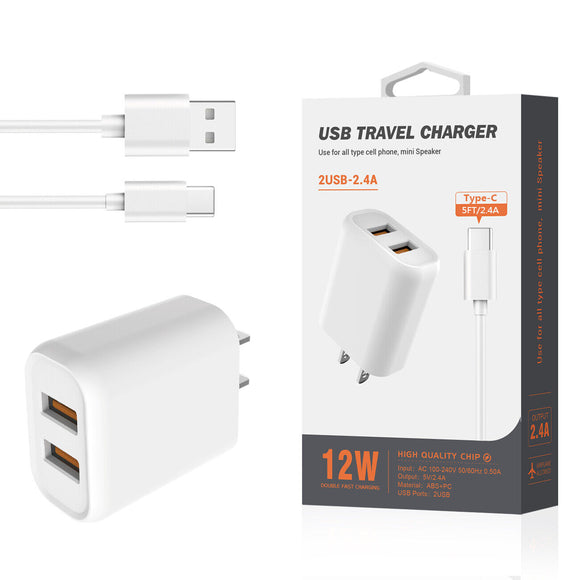 DUAL 2.4A TRAVEL HOME CHARGER WITH 5FT C CABLE WHITE