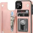 For iPhone 15 Luxury Side Magnetic Button Card ID Holder PU Leather Case Cover - ROSE GOLD