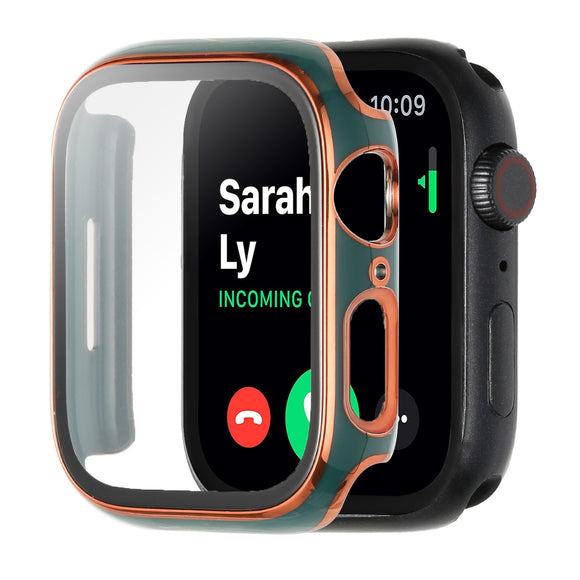 For Apple Watch Size 49mm Full Coverage RoseGold with Tempered Glass iWatch Screen Frame - Chromed Rose Gold+Midnight Green