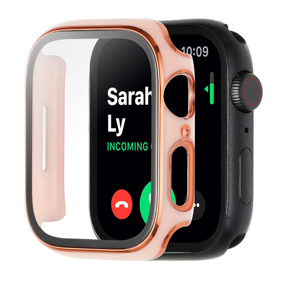 For Apple Watch Size 49mm Full Coverage RoseGold with Tempered Glass iWatch Screen Frame - Chromed Rose Gold+Pink