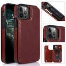 For iPhone 15 Luxury Side Magnetic Button Card ID Holder PU Leather Case Cover- BROWN