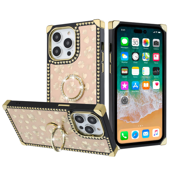 For Apple iPhone 11 (XI6.1) SQUARE Passion Glitter Diamond Ring Stand Case Cover - Heart Design Gold