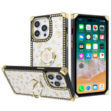 For Apple iPhone 11 (XI6.1) SQUARE Passion Glitter Diamond Ring Stand Case Cover - Heart Design White