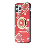 For iPhone 15 Plus SPLENDID Diamond Glitter Ornaments Engraving Case Cover -Good Luck Floral Red