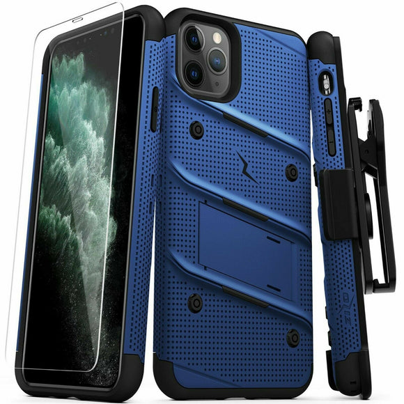 ZIZO BOLT IPHONE 11 PRO MAX (2019) CASE - BUILT-IN KICKSTAND BELT HOLSTER TEMPERED GLASS SCREEN PROTECTOR - Blue / Black