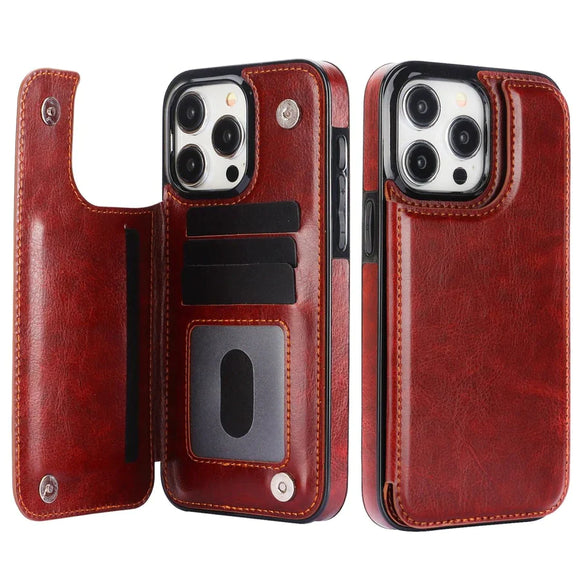 For iPhone 15 Pro Luxury Side Magnetic Button Card ID Holder PU Leather Case Cover - Brown
