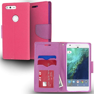 Zizo Wallet Case For Google Pixel XL - Magnetic Flap Pouch w/ Slimfit TPU-Hot Pink/purple