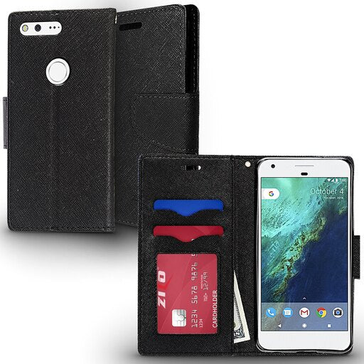 Zizo Wallet Case For Google Pixel XL - Magnetic Flap Pouch w/ Slimfit TPU -Black/black