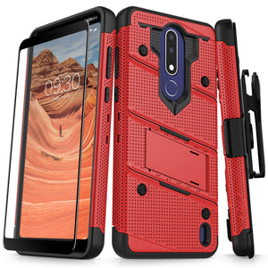 NOKIA 3.1 PLUS - BOLT CASE WITH BUILT IN KICKSTAND HOLSTER AND FULL GLASS SCREEN PROTECTOR - RED