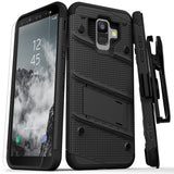 FOR SAMSUNG GALAXY A6 - ZIZO BOLT COVER WITH FULL EDGE TO EDGE TEMPERED GLASS SCREEN PROTECTOR, HOLSTER, KICKSTAND, LANYARD-BLACK & BLACK