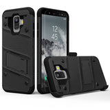 FOR SAMSUNG GALAXY A6 - ZIZO BOLT COVER WITH FULL EDGE TO EDGE TEMPERED GLASS SCREEN PROTECTOR, HOLSTER, KICKSTAND, LANYARD-BLACK & BLACK