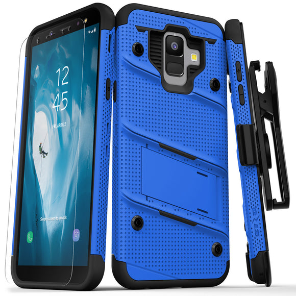FOR SAMSUNG GALAXY A6 - ZIZO BOLT COVER WITH FULL EDGE TO EDGE TEMPERED GLASS SCREEN PROTECTOR, HOLSTER, KICKSTAND, LANYARD-BLUE & BLACK
