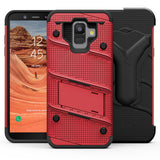 FOR SAMSUNG GALAXY A6 - ZIZO BOLT COVER WITH FULL EDGE TO EDGE TEMPERED GLASS SCREEN PROTECTOR, HOLSTER, KICKSTAND, LANYARD-RED & BLACK