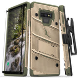 FOR SAMSUNG GALAXY NOTE 9 - BOLT CASE WITH FULL EDGE TO EDGE TEMPERED GLASS SCREEN PROTECTOR, HOLSTER, KICKSTAND, LANYARD - DESERT TAN