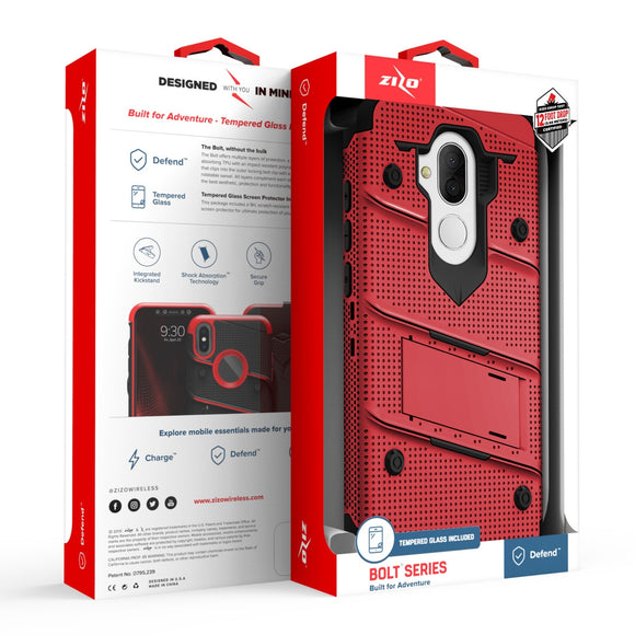 ALCATEL 7 / REVVL 2 PLUS - RED & BLACK BOLT CASE WITH BUILT IN KICKSTAND HOLSTER AND TEMPERED GLASS SCREEN PROTECTOR