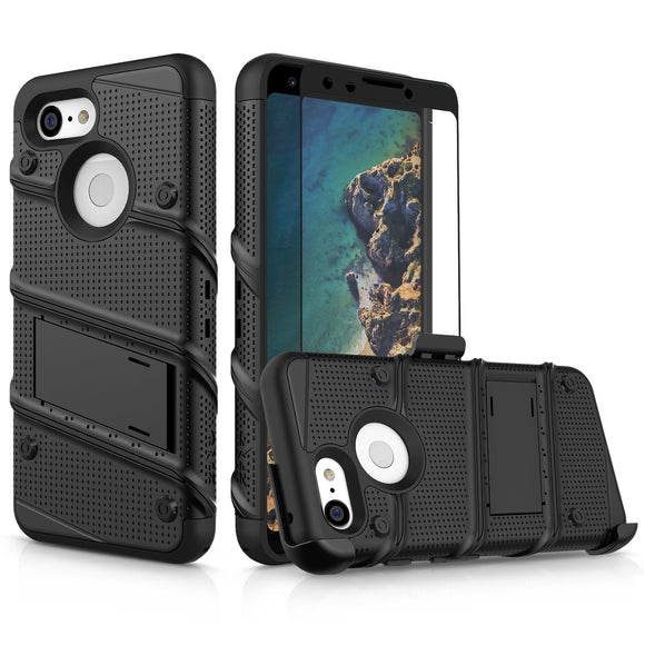 FOR GOOGLE PIXEL 3 - BOLT CASE WITH BUILT IN KICKSTAND HOLSTER AND FULL GLASS SCREEN PROTECTOR
