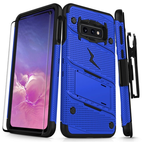 SAMSUNG GALAXY S10E - BOLT CASE WITH BUILT IN KICKSTAND HOLSTER AND FULL GLASS SCREEN PROTECTOR