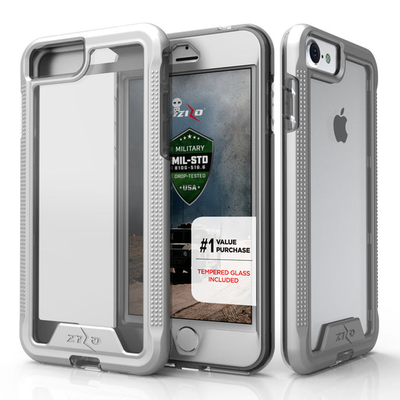 FOR IPHONE 8 / IPHONE 7 / IPHONE 6 SE (2021) - ZIZO ION SINGLE LAYERED HYBRID COVER W/ TEMPERED GLASS SCREEN PROTECTOR (RETAIL PACKAGING)-  SILVER & CLEAR