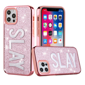 iPhone 12/Pro (6.1 Only) Embroidery Bling Glitter Chrome Hybrid Case Cover - SLAY on Pink