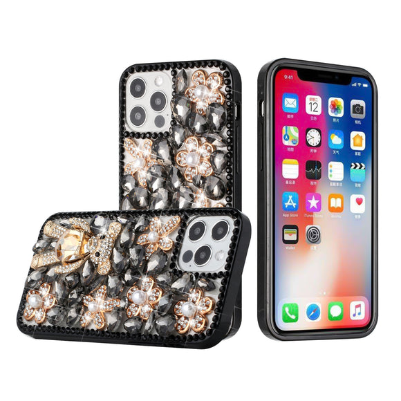 For Apple iPhone 11 (XI6.1) Full Diamond with Ornaments Case Cover - Black Panda Floral