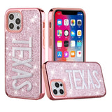 iPhone 13 Pro Max Embroidery Bling Glitter Chrome Hybrid Case Cover - TEXAS on Pink