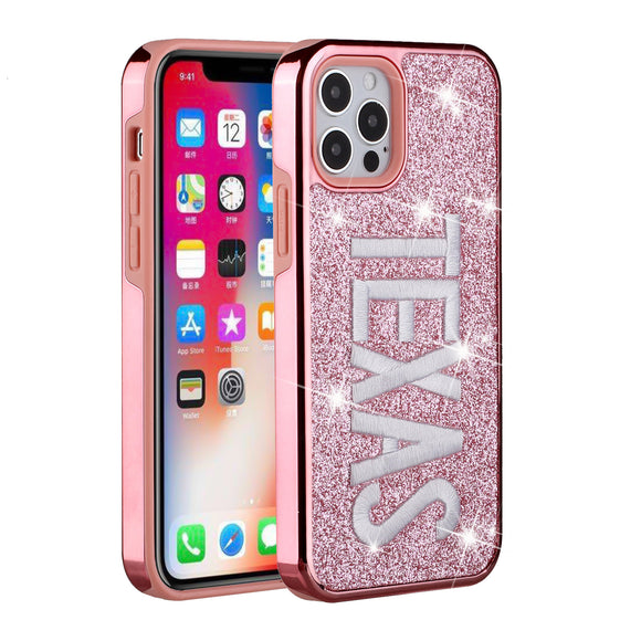 iPhone 13 Pro Max Embroidery Bling Glitter Chrome Hybrid Case Cover - TEXAS on Pink