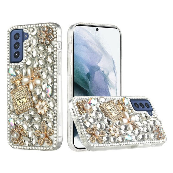 Samsung Galaxy S22 Plus Full Diamond with Ornaments Hard TPU Case Cover - Pearl Flowers with Perfume